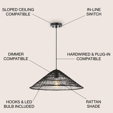 Nova 20.25" Farmhouse Coastal Rattan 180" Cord Plug-In or Hardwired LED Pendant